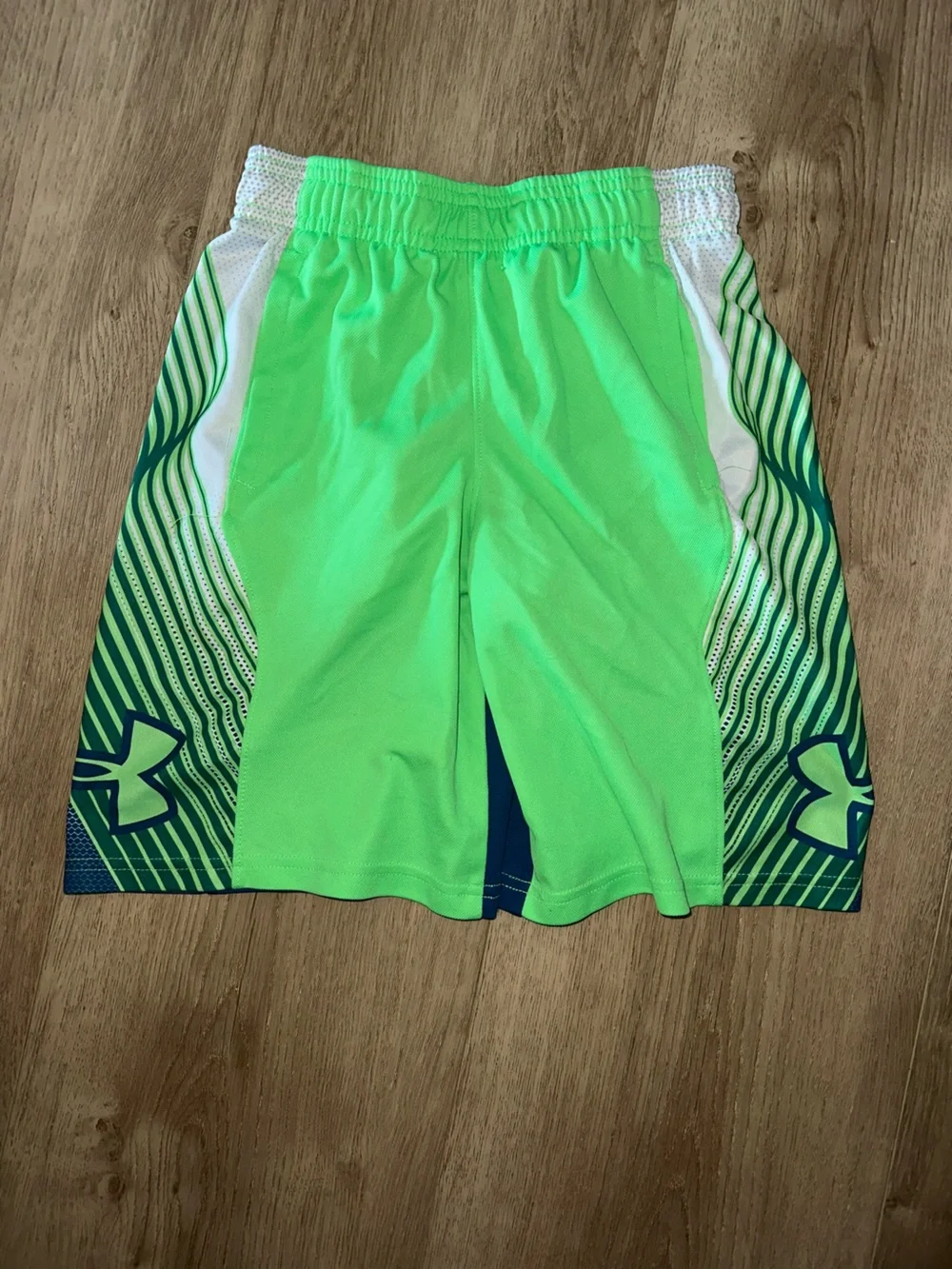 Under Armour Neon Green Athletic Shorts with Navy Graphic Panels